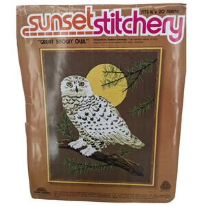 Vintage 1978 SUNSET STITCHERY "Great Snowy Owl" Crewel Embroidery Complete Kit